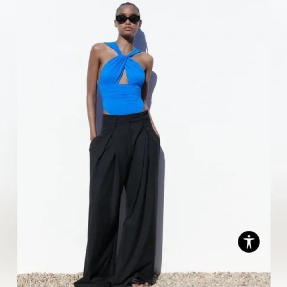 Zara Women Knotted Neckline Bodysuit - Size M - Bright Blue